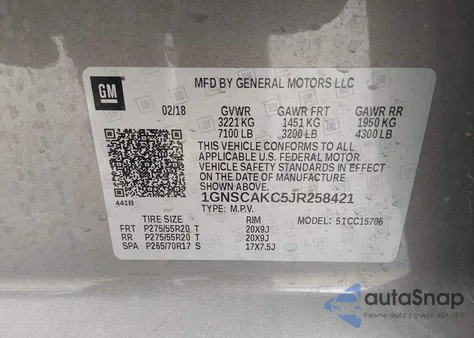 2018 Chevrolet Tahoe Ls из США, поврежденный, VIN 1GNSCAKC5JR258421